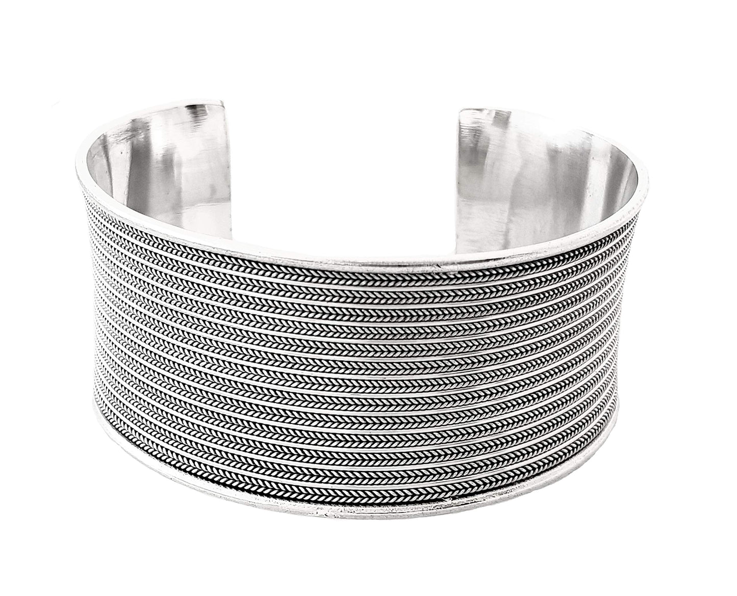 925 sterling silver chunky wide cuff bangle bracelet with woven detains for women