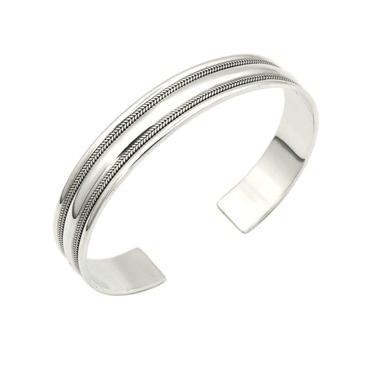 Men's Braided Cuff Bangle | Solid 12mm 925 Sterling Silver Bracelet with Braided Details