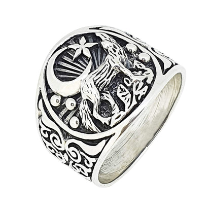 Howling wolf and crescent moon 925 sterlig silver ring