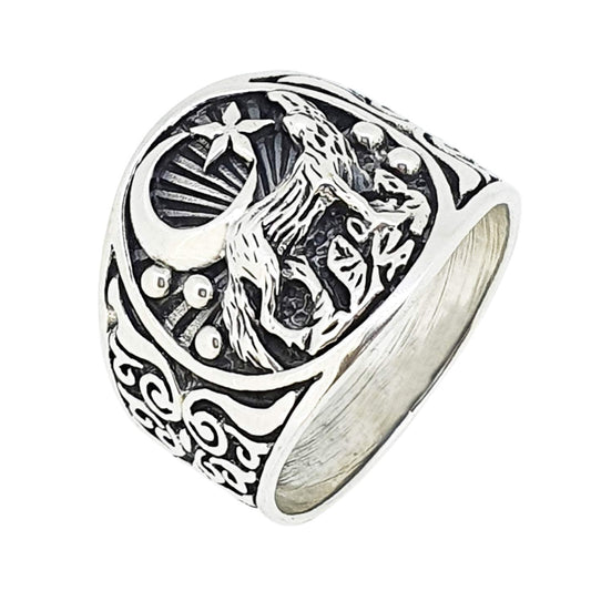 Howling wolf and crescent moon 925 sterlig silver ring