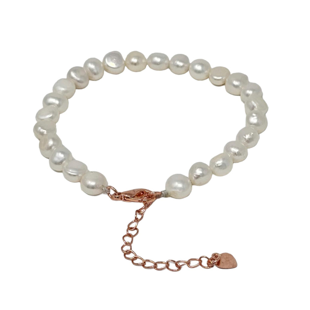 Handmade Womens 6-7mm Freshwater Pearl Bracelet | White Real Pearl Beaded Bracelet for Ladies Girls - Adjustable 5cm Extender